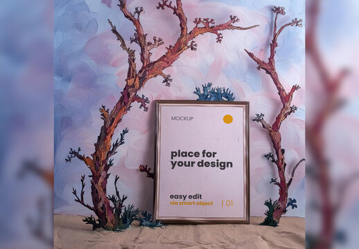 Poster Frame Mockup with Illustrated Branches Generative Ai