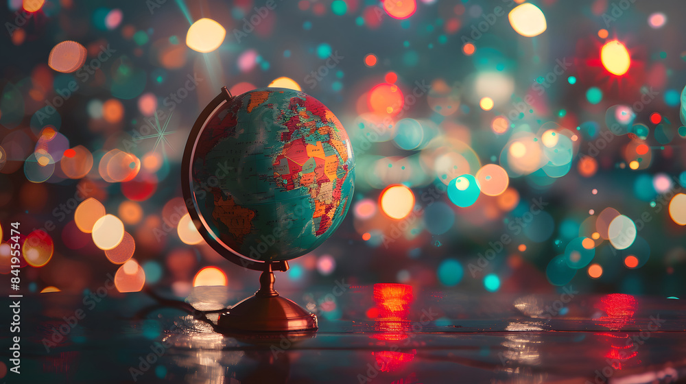Poster a globe standing on a desk in front of a vivid large bokeh. shallow depth of field. striking lightin