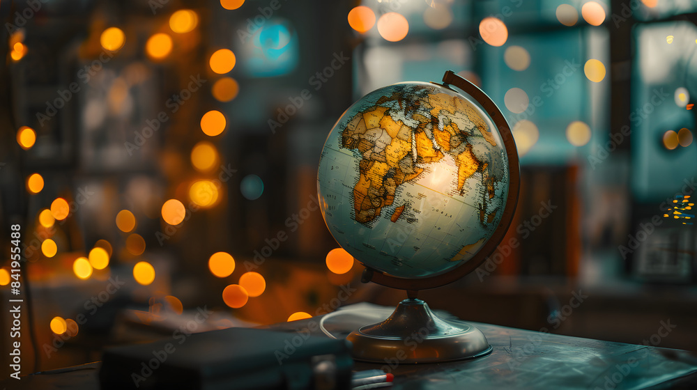Poster a globe standing on a desk in front of a vivid large bokeh. shallow depth of field. striking lightin
