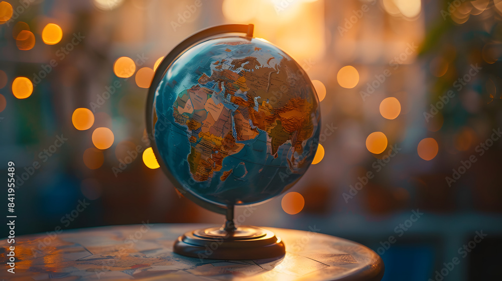Poster a globe standing on a desk in front of a vivid large bokeh. shallow depth of field. striking lightin