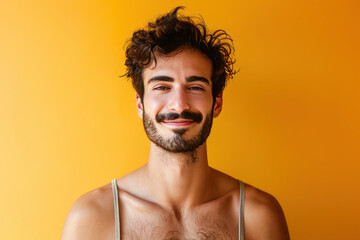 A close up portrait of a young man with a subtle smile