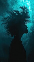 Fototapeta premium a girl in black with a big head of hair in the dark, in the style of grindcore, made of mist, intriguingly taboo, 8k resolution, teal, devilcore, dark blue
