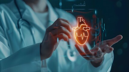Cardiologist doctor touching heartbeat icon on virtual screen for checking the function of the patient heart. medical check up, heart attack, cardiology, help from specialist.