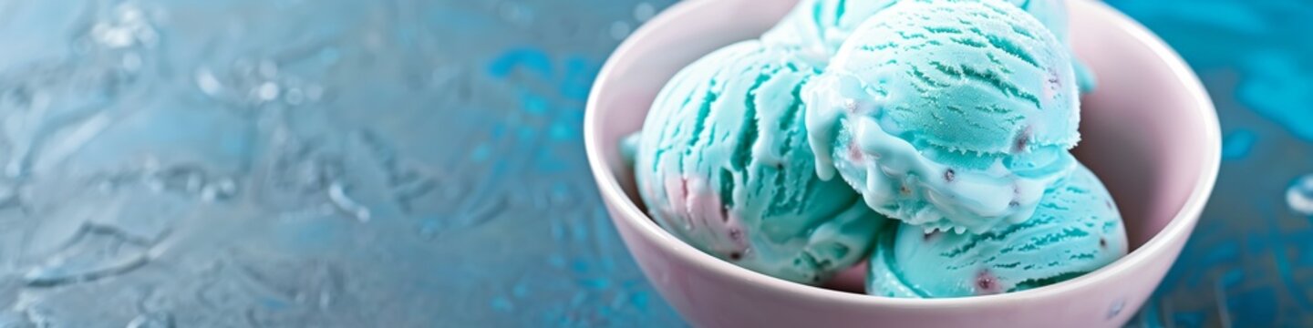 Elegant summer ice cream with blue bubblegum scoops in a bowl, ideal for copy space for text