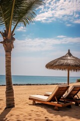 Ocean coast with palm trees, sun loungers, awnings. Summer holiday concept, summer resort, vertical
