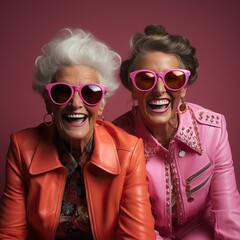 Obraz premium Portrait of two grandmothers in pink clothes and glasses on a pink background.