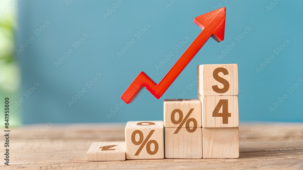 Poster a graph of growth with an arrow pointing upwards and the word % on wooden blocks