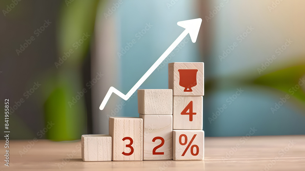 Poster a graph of growth with an arrow pointing upwards and the word % on wooden blocks