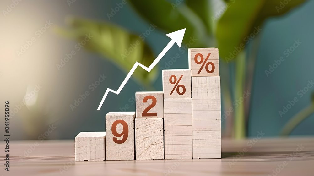 Poster a graph of growth with an arrow pointing upwards and the word % on wooden blocks