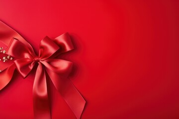 Blank for a greeting card. Red gift wrapped in red ribbon. Christmas, New Year or birthday gift.