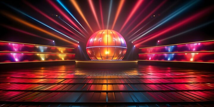 1970s disco stage with shimmering disco ball and neon lights. Concept Disco Ball, Neon Lights, 1970s Theme, Shimmering Stage, Retro Decor