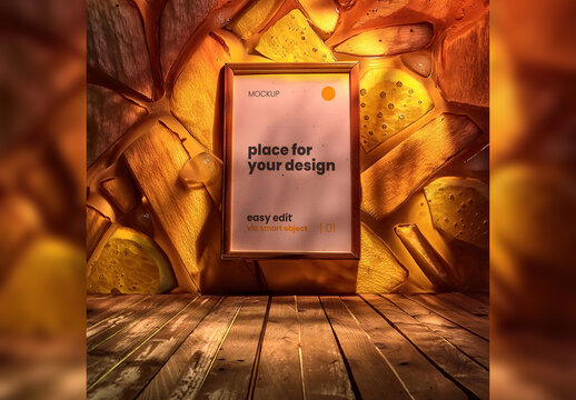 Poster Frame Mockup with orange ornaments background 04 Generative Ai