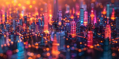 Obraz premium Colorful data network grids overlay miniature cityscape in a cinematic tech scene. Concept Technology, Data Networks, Cityscape, Cinematic Scene, Miniature Model