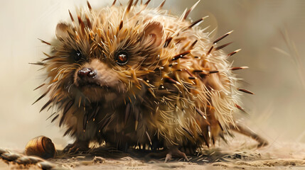A graphic fantasy design of a choleric and grubby fluffy hedgehog with pointed spikes. 
