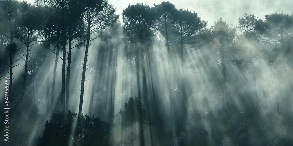 Poster sunlight filtering through dense forest creating a magical ethereal atmosphere. concept nature photo