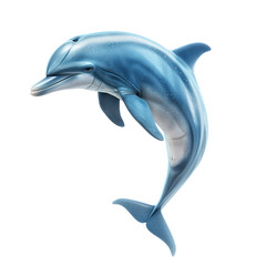 Obraz premium A high-quality 3D render of a graceful dolphin leaping in mid-air against a white background, showcasing its sleek and playful nature.