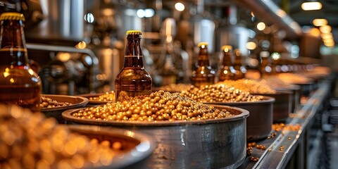 Beer manufacturing involves a plantbased food production process. Concept Food Production, Beverage Manufacturing, Plant-based Ingredients, Sustainable Practices