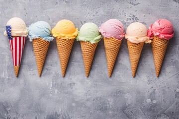 Ice cream in cones on a gray background with elements of American symbols flag, copy space
