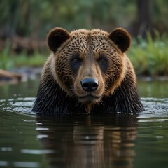 Obraz premium a brown bear is swimming in a pond with water and trees in the background.