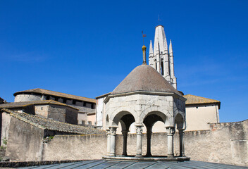 View of the arab baths and church on a day. Close-up. Gerona. Spain.