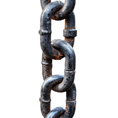 Fototapeta premium Close-up of a heavy-duty rusted metallic chain link, showing texture and industrial strength, isolated on a white background.
