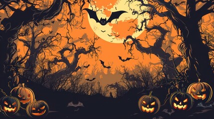 Spooky Halloween advertisement banner with a scary, eerie atmosphere, pumpkins and bats