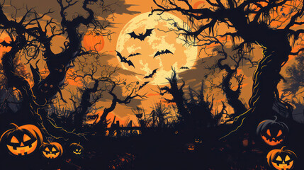 Spooky Halloween advertisement banner with a scary, eerie atmosphere, pumpkins and bats