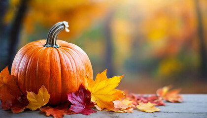 pumpkin poster with copy space, blurred fall background. Ideal for autumn promotions and Halloween-themed designs