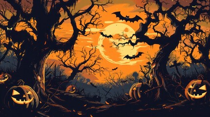 Spooky Halloween advertisement banner with a scary, eerie atmosphere, pumpkins and bats