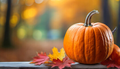 pumpkin poster with copy space, blurred fall background. Ideal for autumn promotions and Halloween-themed designs