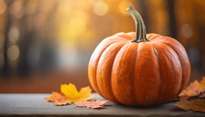 pumpkin poster with copy space, blurred fall background. Ideal for autumn promotions and Halloween-themed designs