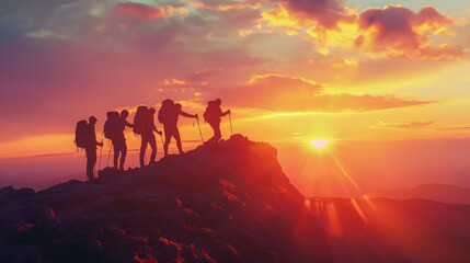 Group Of Adventurous Hikers Reach Mountain Summit During Stunning Sunset