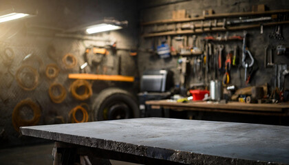 Rough metal workshop desk on blurred garage backdrop, symbolizing industrial creativity craftsmanship. Copy space available