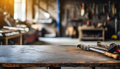 Rough metal workshop desk on blurred garage backdrop, symbolizing industrial creativity craftsmanship. Copy space available