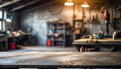 Rough metal workshop desk on blurred garage backdrop, symbolizing industrial creativity craftsmanship. Copy space available