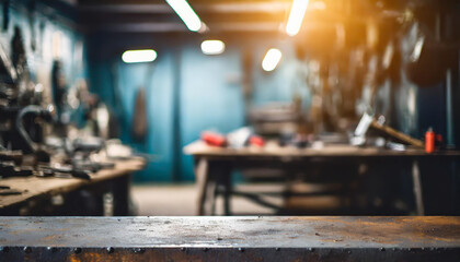 Rough metal workshop desk on blurred garage backdrop, symbolizing industrial creativity craftsmanship. Copy space available