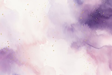 Hand-drawn watercolor backdrop with soft pastel shades of light pink and purple blend seamlessly, enhanced by golden speckles of textured paint.