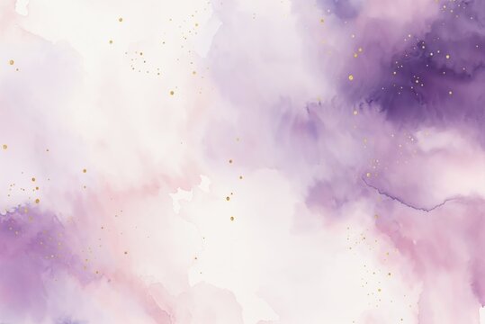 Hand-drawn watercolor backdrop with soft pastel shades of light pink and purple blend seamlessly, enhanced by golden speckles of textured paint.