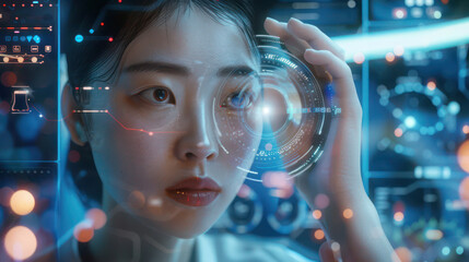 Chinese woman interacting with an AI-powered smartphone, futuristic and intelligent features of device, holographic display, voice interaction, smart applications
