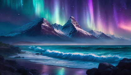 ethereal blue and purple northern lights dancing over ocean, captivating and mesmerizing, perfect for posters, ads, and promotions