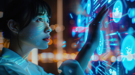 Chinese woman interacting with an AI-powered smartphone, futuristic and intelligent features of device, holographic display, voice interaction, smart applications