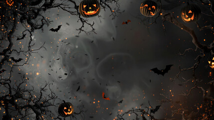 Spooky Halloween advertisement banner with a scary, eerie atmosphere, pumpkins and bats