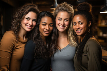 Fototapeta premium Portrait of a group of four girls of different nationalities, a meeting of friends in a cafe.