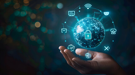 A hand holding the Earth with digital padlock and security icons floating around it 