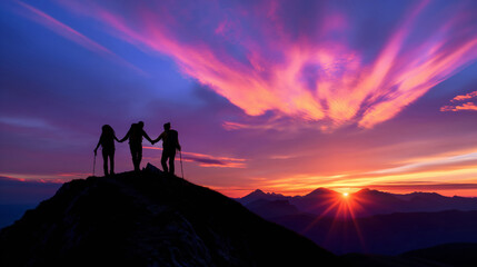 Fototapeta premium Friends On Summit, Holding Hands, Enjoying Stunning Sunset Sky