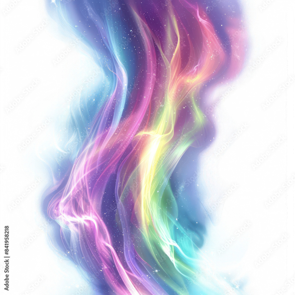Poster abstract colorful aurora-like light streaks on a white background, creating a dreamy and ethereal vi