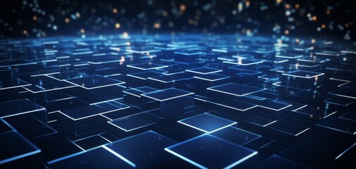 Fototapeta premium Abstract digital grid with glowing blue lines and particles.