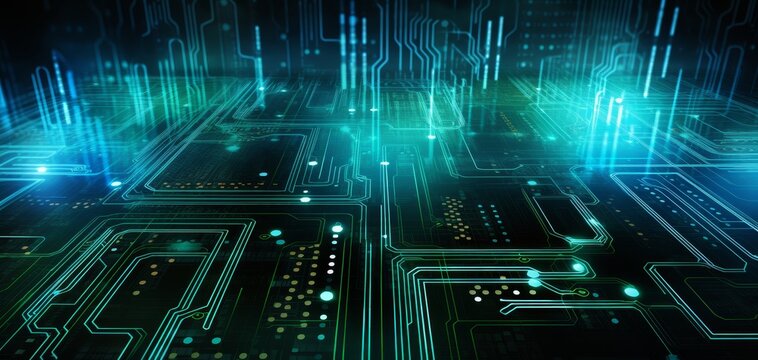 Abstract digital circuit board with glowing lines.