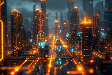 Naklejka premium A futuristic cityscape illuminated by glowing AI powered infrastructure, with the text AI Shaping the world of tomorrow
