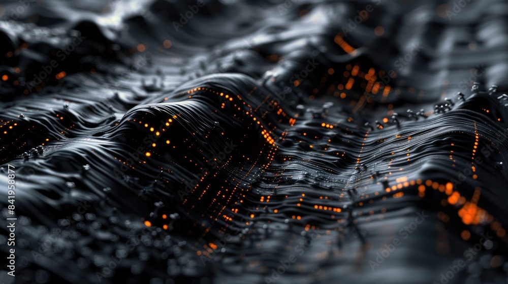Poster the image is a close-up of a black and orange circuit board. the surface of the circuit board is cov